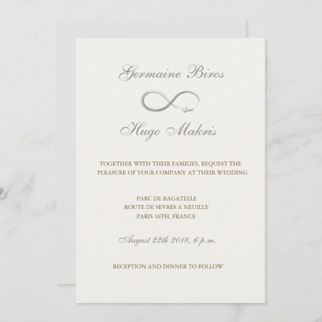 Infinity symbol ivory grey gold elegant wedding invitation (Front/Back)