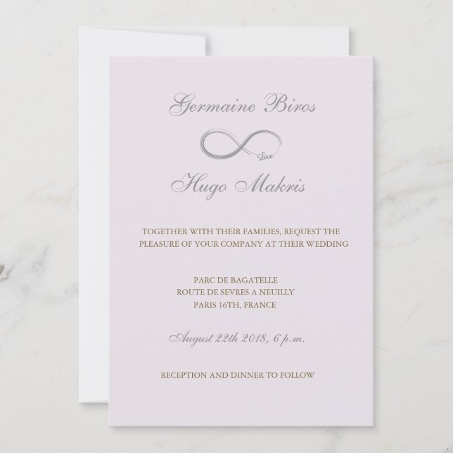 Infinity symbol lilac grey gold elegant wedding invitation (Front)