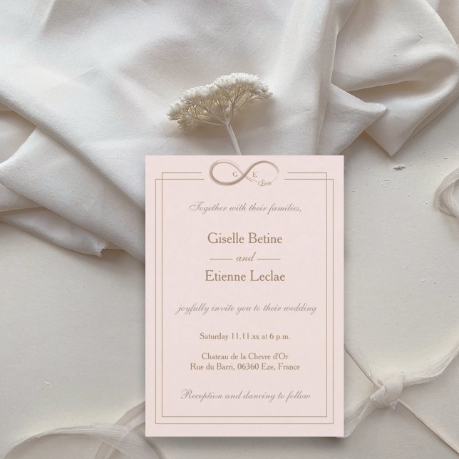 Infinity Symbol Monogram Blush Pink Grey Wedding Invitation (Creator Uploaded)