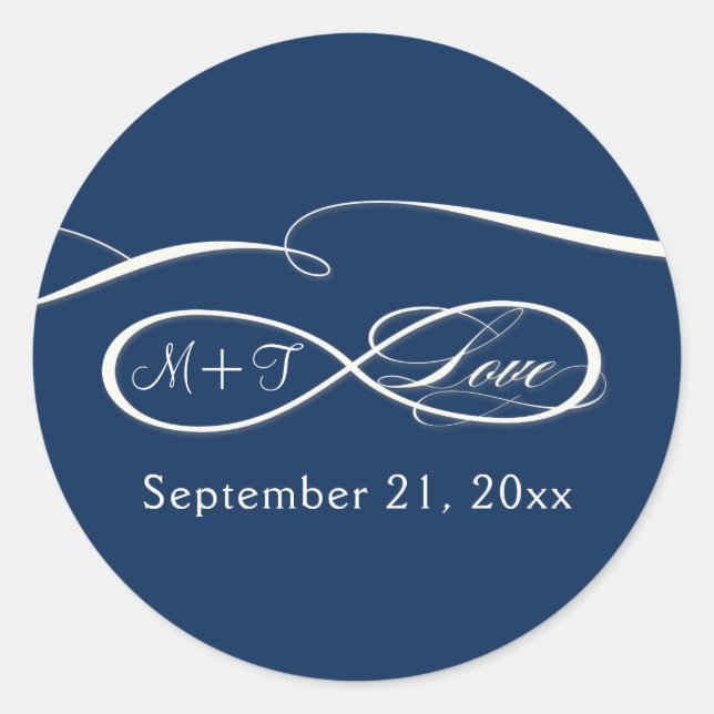 Infinity Symbol Sign Script Love Navy Blue Wedding Classic Round Sticker (Front)