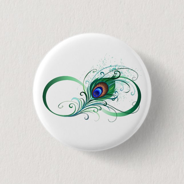 Infinity Symbol with Peacock Feather 1 Inch Round Button (Front)