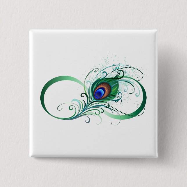 Infinity Symbol with Peacock Feather 2 Inch Square Button (Front)