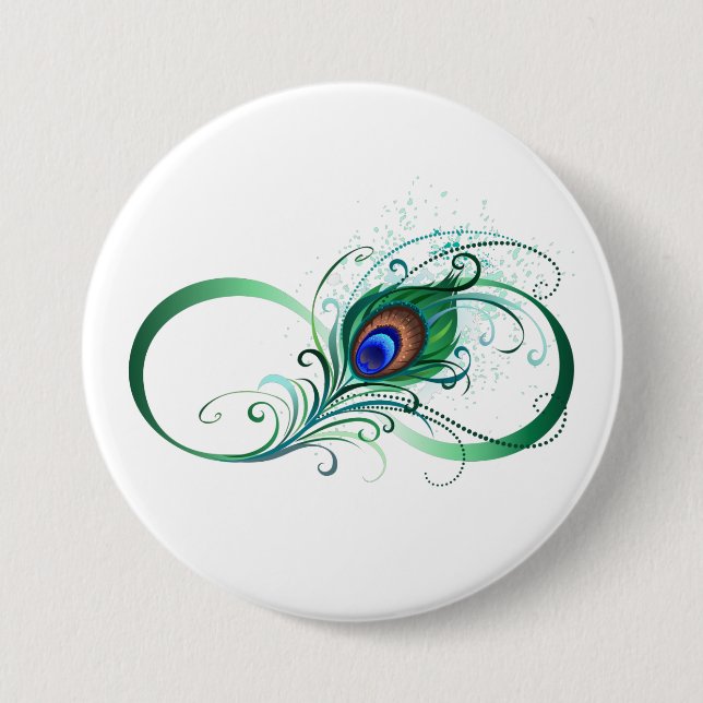 Infinity Symbol with Peacock Feather 3 Inch Round Button (Front)