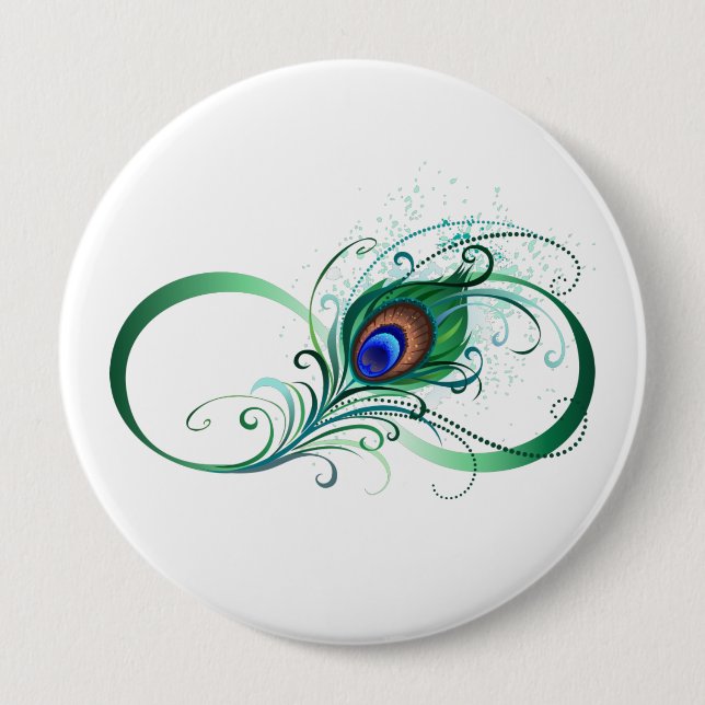 Infinity Symbol with Peacock Feather 4 Inch Round Button (Front)