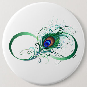 Infinity Symbol with Peacock Feather 6 Inch Round Button