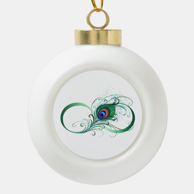 Infinity Symbol with Peacock Feather Ceramic Ball Christmas Ornament (Front)
