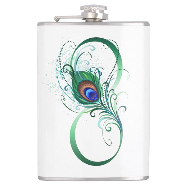 Infinity Symbol with Peacock Feather Hip Flask (Front)