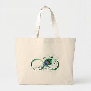 Infinity Symbol with Peacock Feather Large Tote Bag