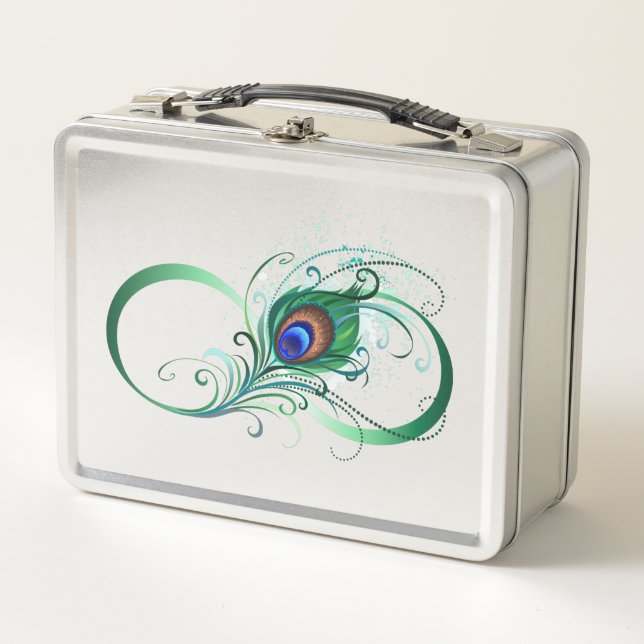 Infinity Symbol with Peacock Feather Metal Lunch Box (Front)
