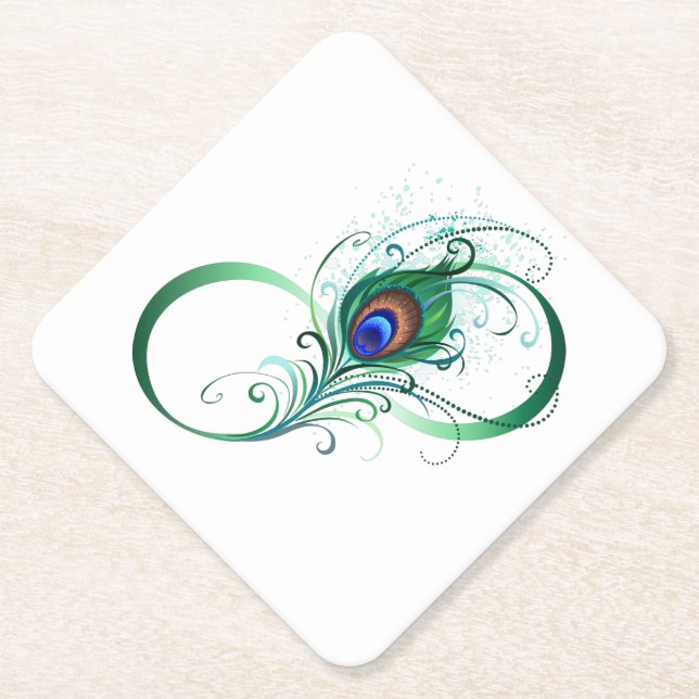 Infinity Symbol with Peacock Feather Paper Coaster (Front)