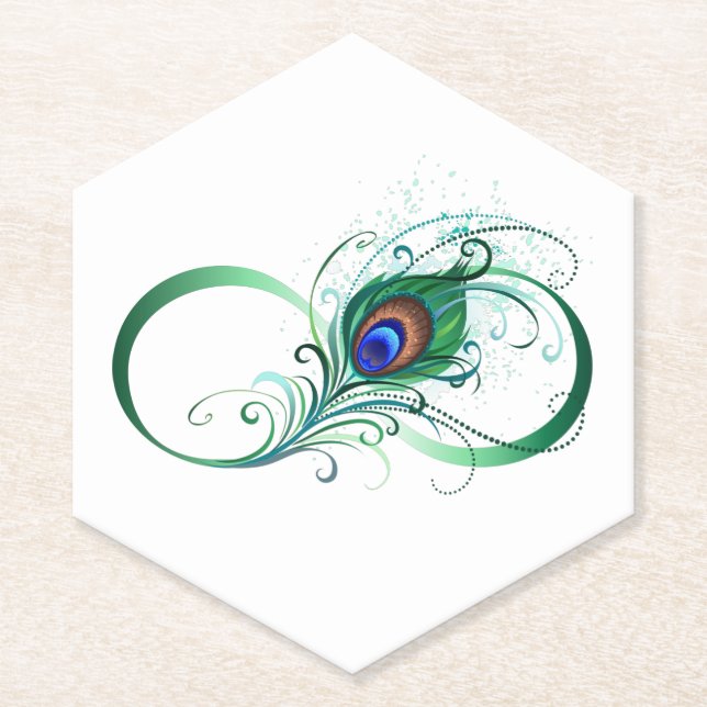 Infinity Symbol with Peacock Feather Paper Coaster (Front)