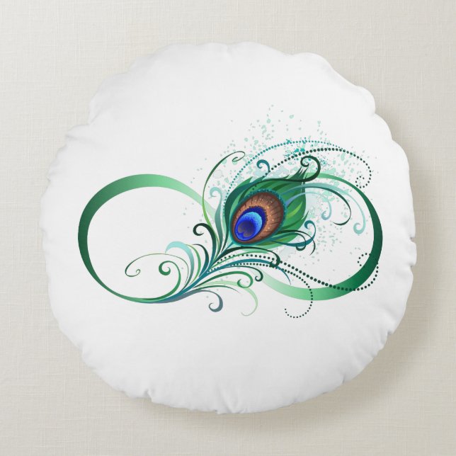Infinity Symbol with Peacock Feather Round Pillow (Front)