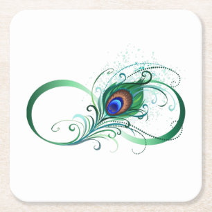 Infinity Symbol with Peacock Feather Square Paper Coaster