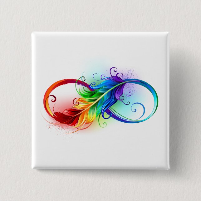 Infinity Symbol with Rainbow Feather 2 Inch Square Button (Front)