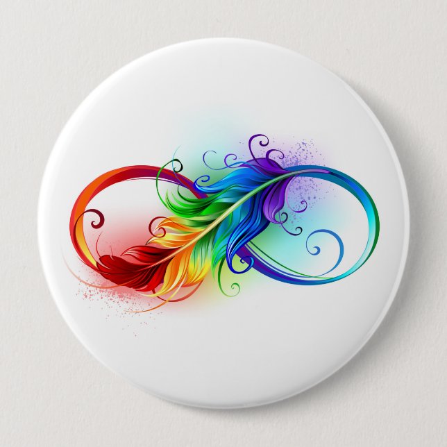 Infinity Symbol with Rainbow Feather 4 Inch Round Button (Front)