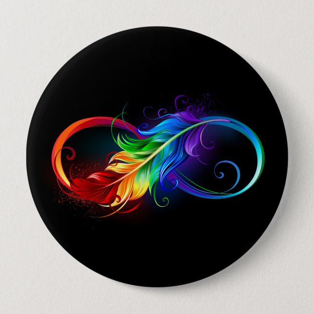 Infinity Symbol with Rainbow Feather 4 Inch Round Button (Front)