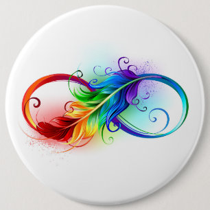 Infinity Symbol with Rainbow Feather 6 Inch Round Button