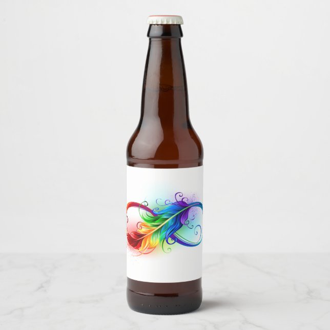 Infinity Symbol with Rainbow Feather Beer Bottle Label (Front)