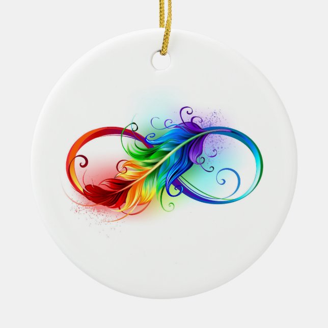 Infinity Symbol with Rainbow Feather Ceramic Ornament (Front)