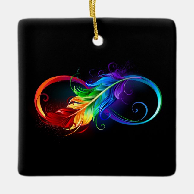Infinity Symbol with Rainbow Feather Ceramic Ornament (Front)