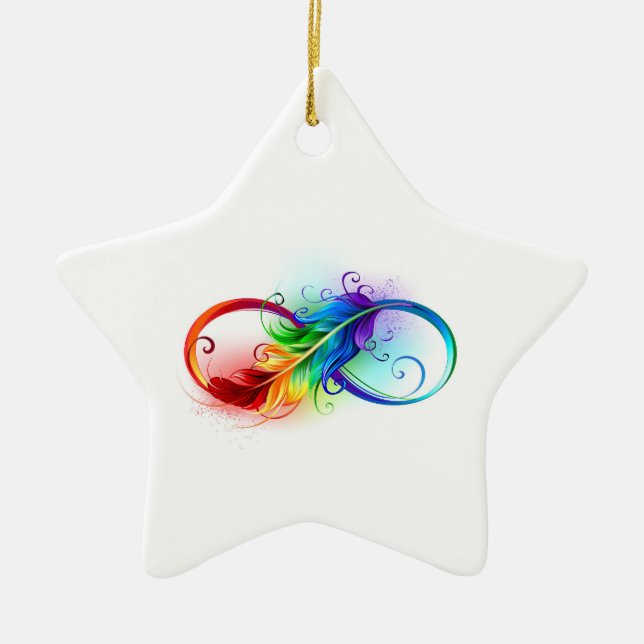 Infinity Symbol with Rainbow Feather Ceramic Ornament (Front)