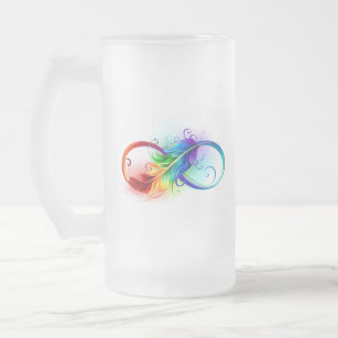 Infinity Symbol with Rainbow Feather Frosted Glass Beer Mug