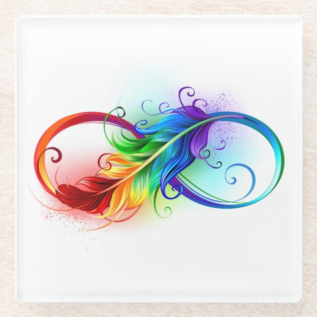 Infinity Symbol with Rainbow Feather Glass Coaster (Front)