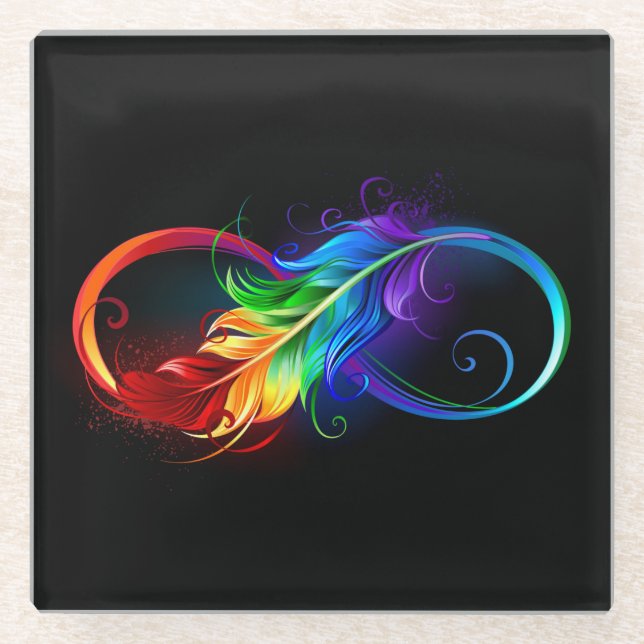 Infinity Symbol with Rainbow Feather Glass Coaster (Front)