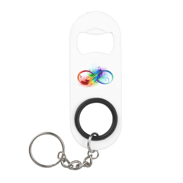 Infinity Symbol with Rainbow Feather Keychain Bottle Opener (Front)