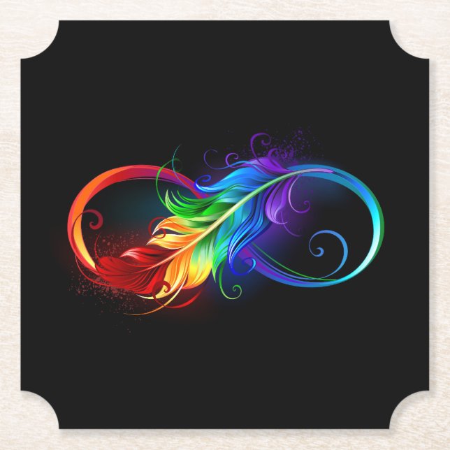 Infinity Symbol with Rainbow Feather Paper Coaster (Front)
