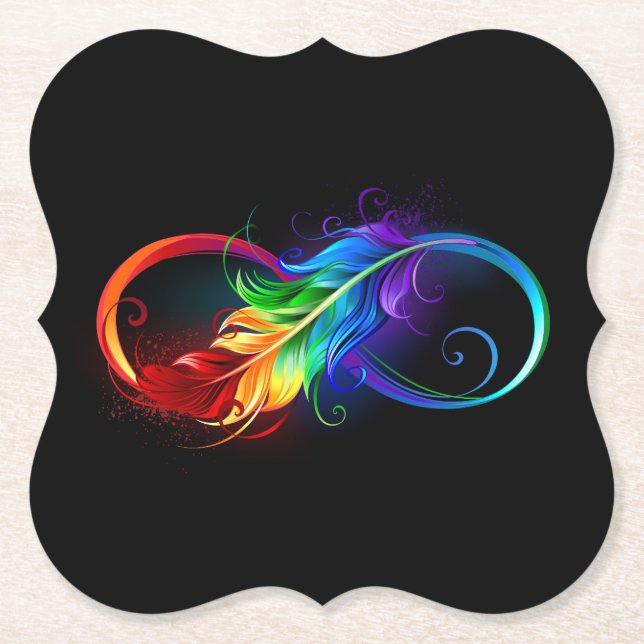Infinity Symbol with Rainbow Feather Paper Coaster (Front)