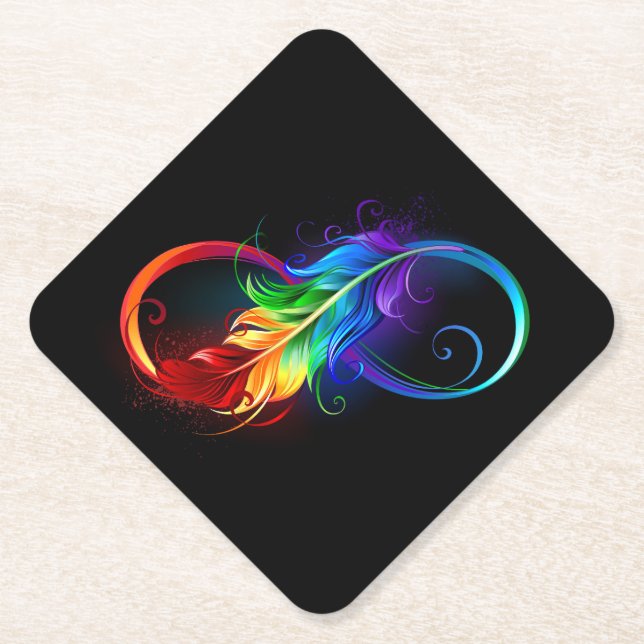 Infinity Symbol with Rainbow Feather Paper Coaster (Front)