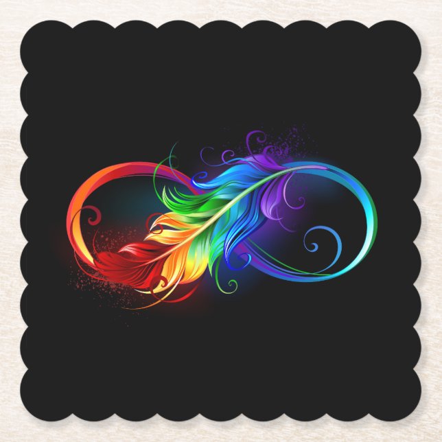 Infinity Symbol with Rainbow Feather Paper Coaster (Front)