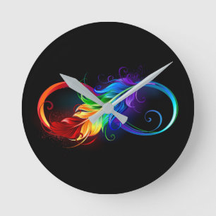 Infinity Symbol with Rainbow Feather Round Clock