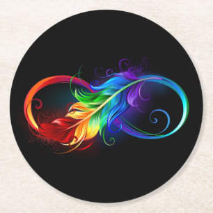 Infinity Symbol with Rainbow Feather Round Paper Coaster