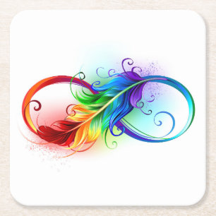 Infinity Symbol with Rainbow Feather Square Paper Coaster