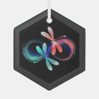Infinity with glowing dragonflies glass ornament