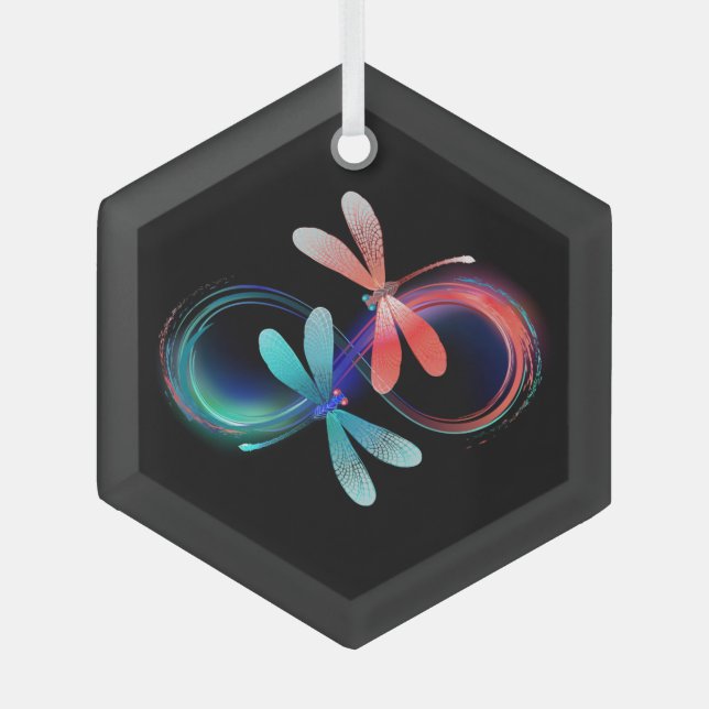 Infinity with glowing dragonflies glass ornament (Front)