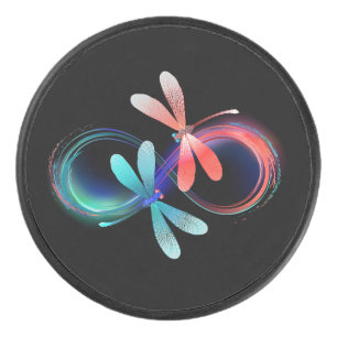 Infinity with glowing dragonflies hockey puck