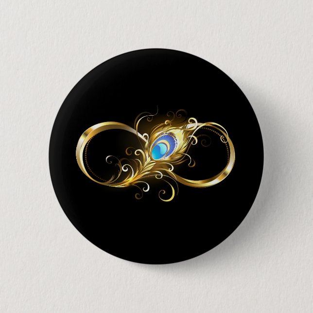 Infinity with Golden Peacock Feather 2 Inch Round Button (Front)
