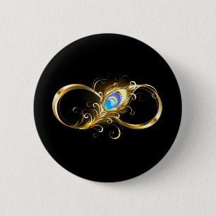 Infinity with Golden Peacock Feather 2 Inch Round Button