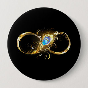 Infinity with Golden Peacock Feather 4 Inch Round Button