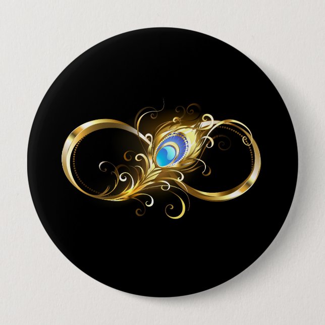 Infinity with Golden Peacock Feather 4 Inch Round Button (Front)