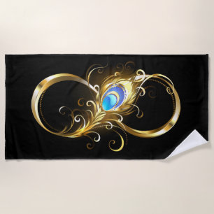 Infinity with Golden Peacock Feather Beach Towel