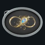 Infinity with Golden Peacock Feather Belt Buckle<br><div class="desc">Gold,  shiny symbol of infinity,  decorated with jewellery peacock feather with turquoise on black background.</div>