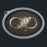 Infinity with Golden Peacock Feather Belt Buckle<br><div class="desc">Gold,  shiny symbol of infinity,  decorated with jewellery peacock feather with turquoise on black background.</div>