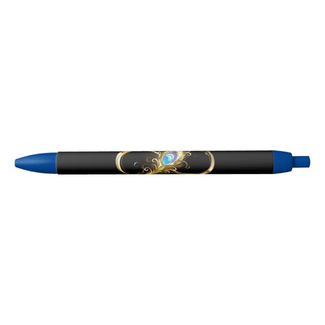 Infinity with Golden Peacock Feather Black Ink Pen (Front)