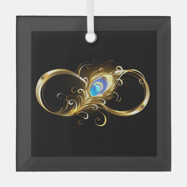 Infinity with Golden Peacock Feather Glass Ornament (Front)