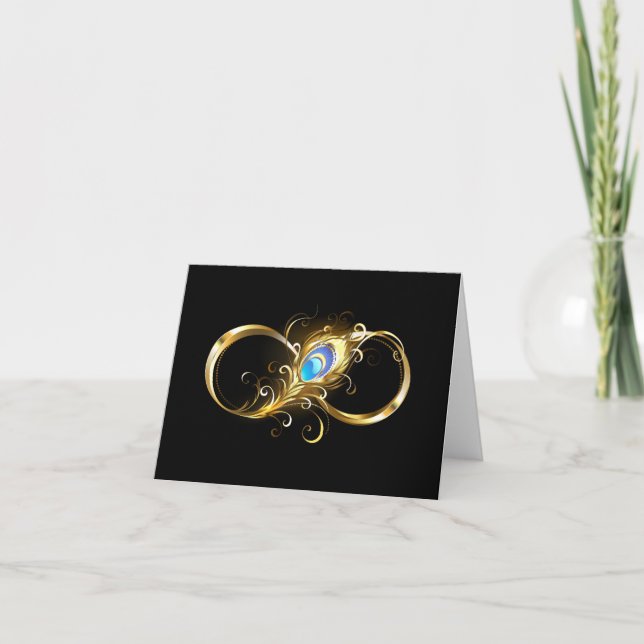 Infinity with Golden Peacock Feather Holiday Card (Front)