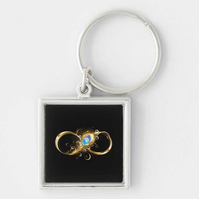 Infinity with Golden Peacock Feather Keychain (Front)